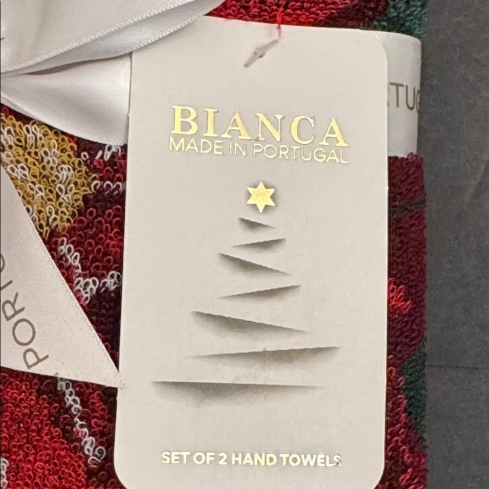2pc BIANCA 100% Cotton Poinsettia Pattern Bath Hand Towel Set - Made in Portugal